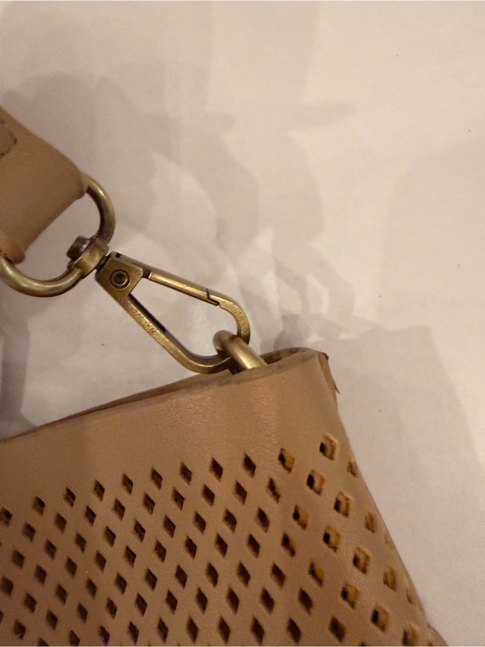 Anthropologie Tan Perforated Ring Handle Crossbody Bag - Vegan Leather Tote - Picture 5 of 11